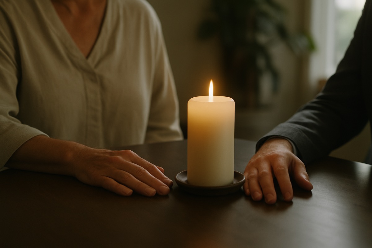 Two hands resting near a lit candle on a quiet table, warm and peaceful