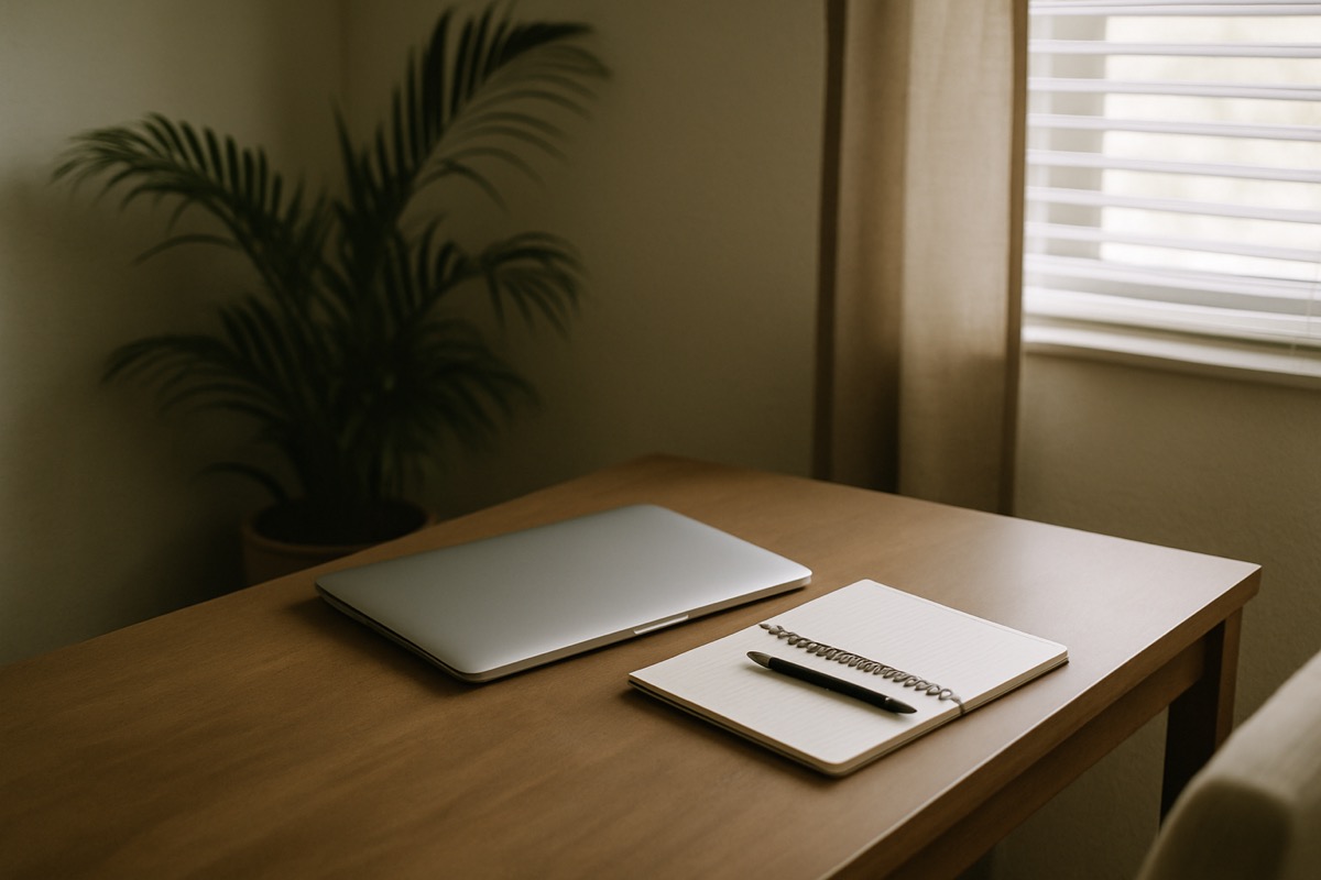 A quiet home-office corner with a closed laptop and a notepad on a neutral-toned desk