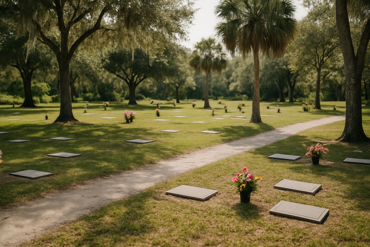 A peaceful cemetery with green grass, walking paths, and mature trees in soft morning light