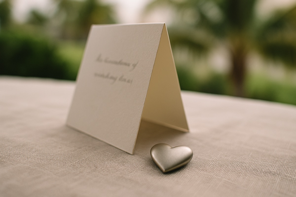 A small heart-shaped charm resting beside a folded card on soft linen fabric