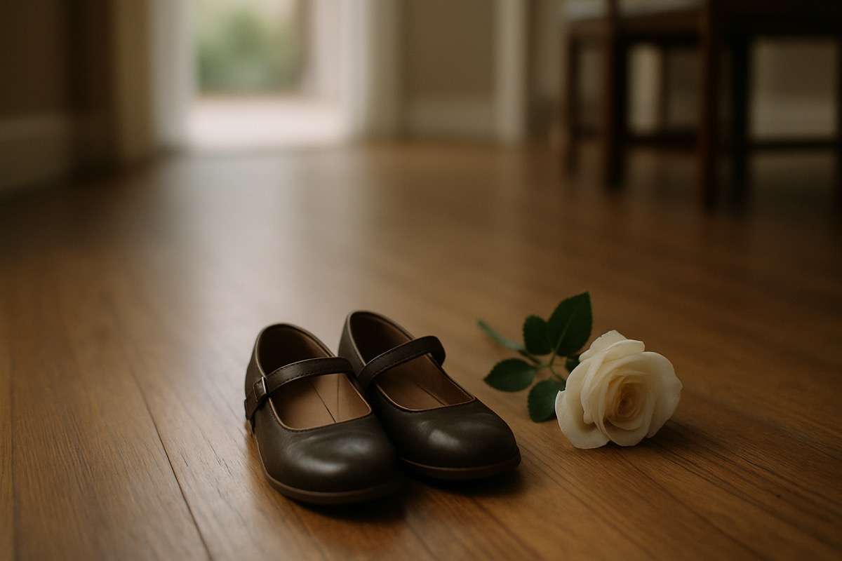 Small child's shoes beside a single flower on a wooden floor, soft natural light