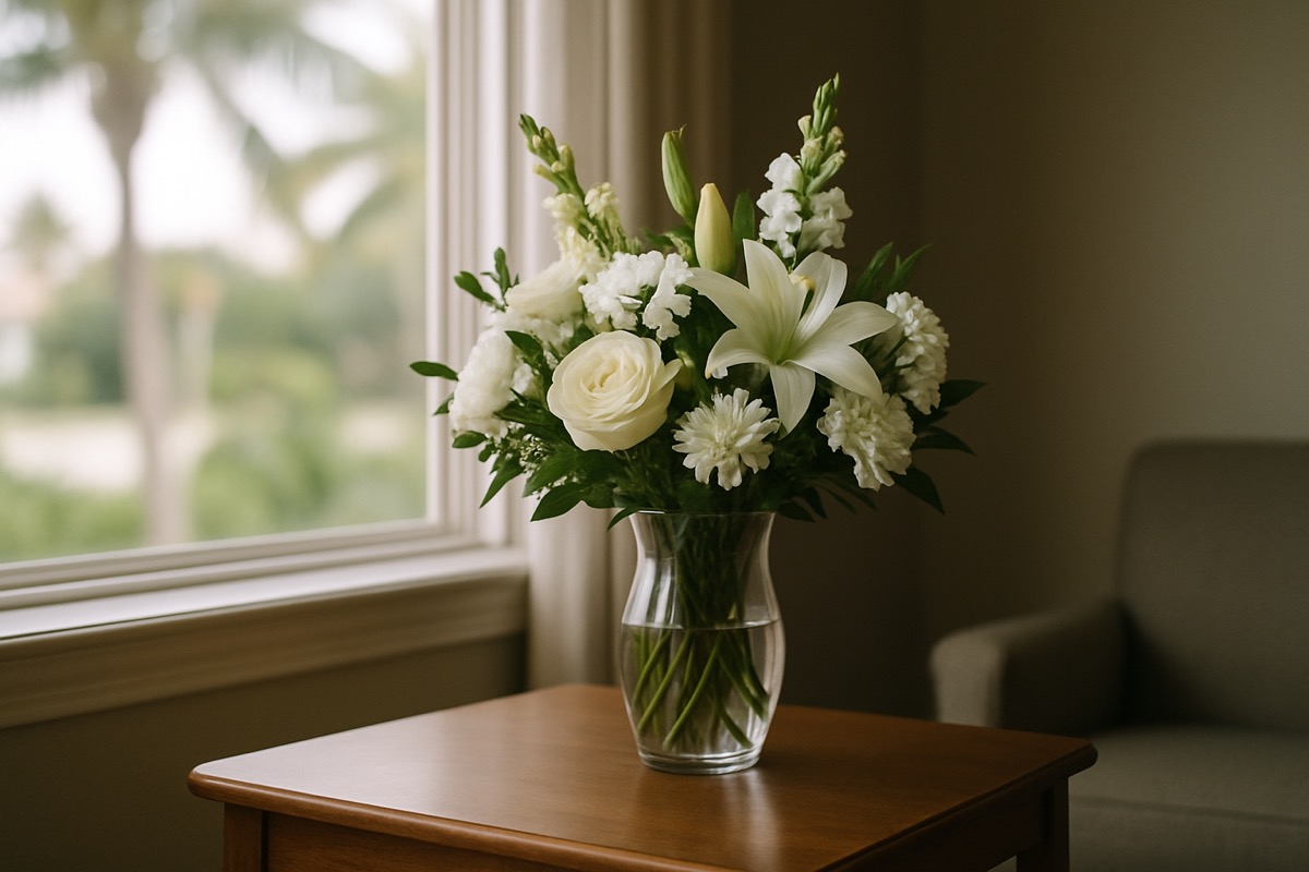 A simple vase of white sympathy flowers resting on a table near a sunlit window
