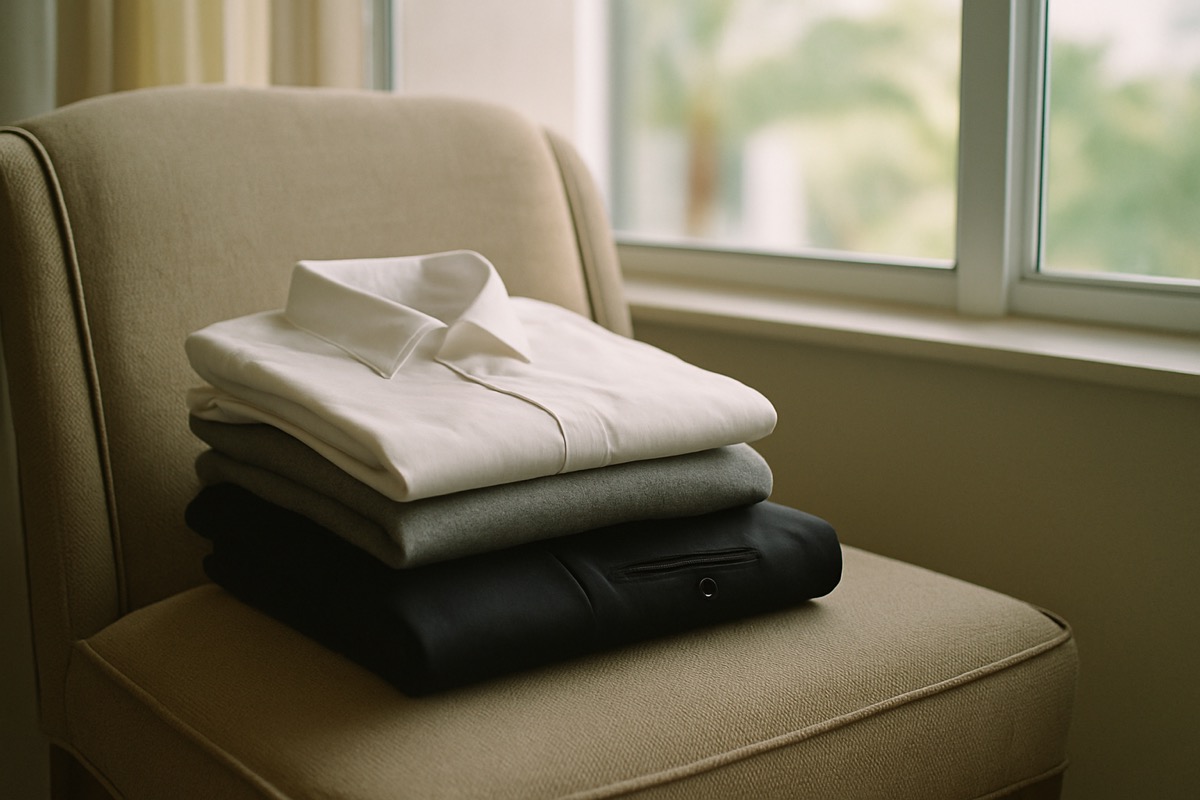 Folded dark and neutral clothing resting on a chair near a sunlit window