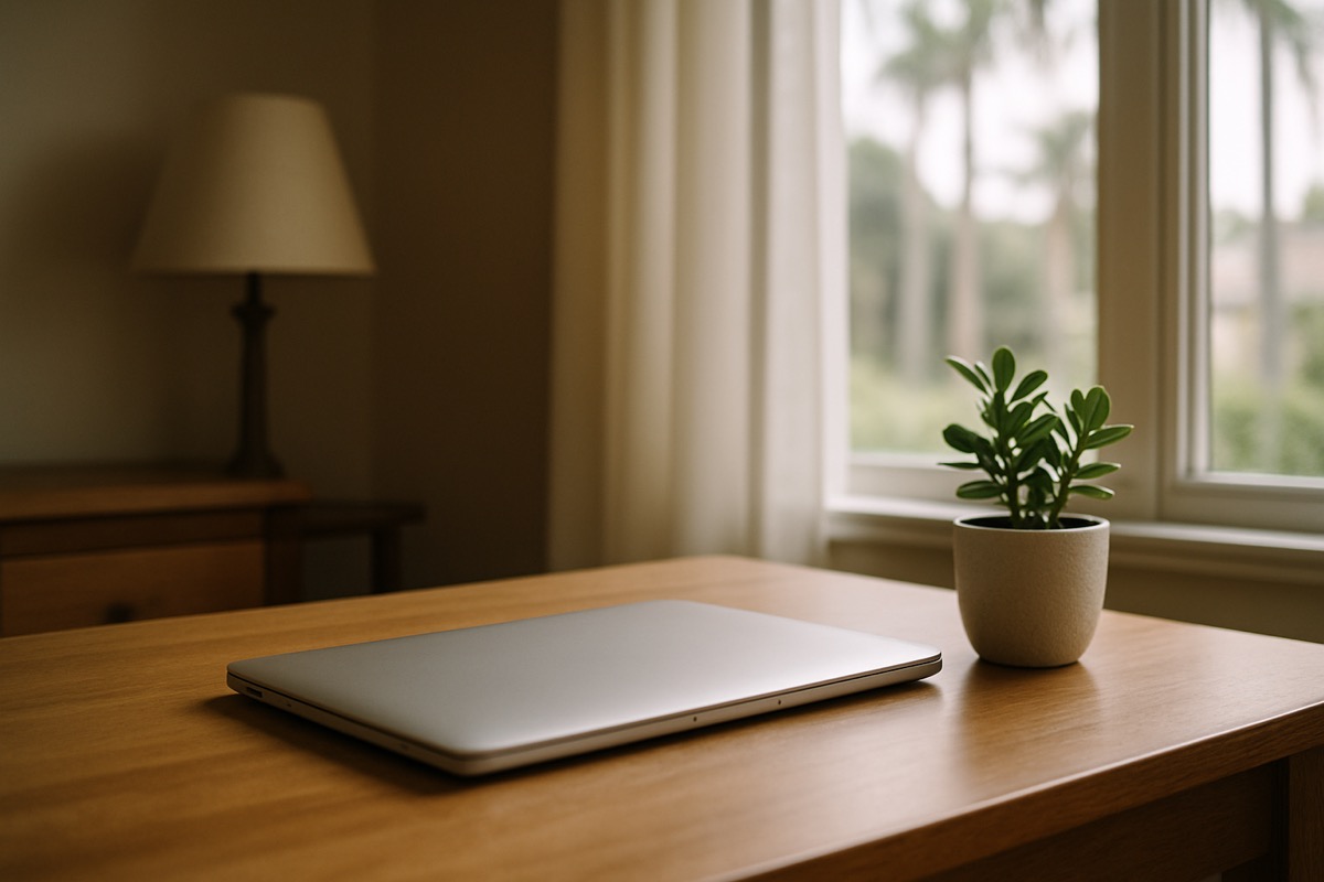 A closed laptop on a tidy home desk next to a small potted plant in neutral afternoon light