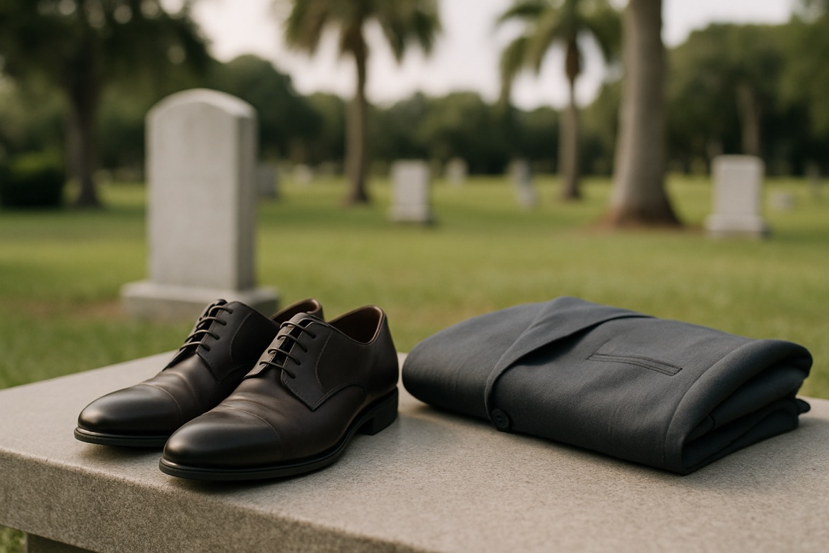 A pair of dark dress shoes and a neatly folded jacket set beside each other in muted tones