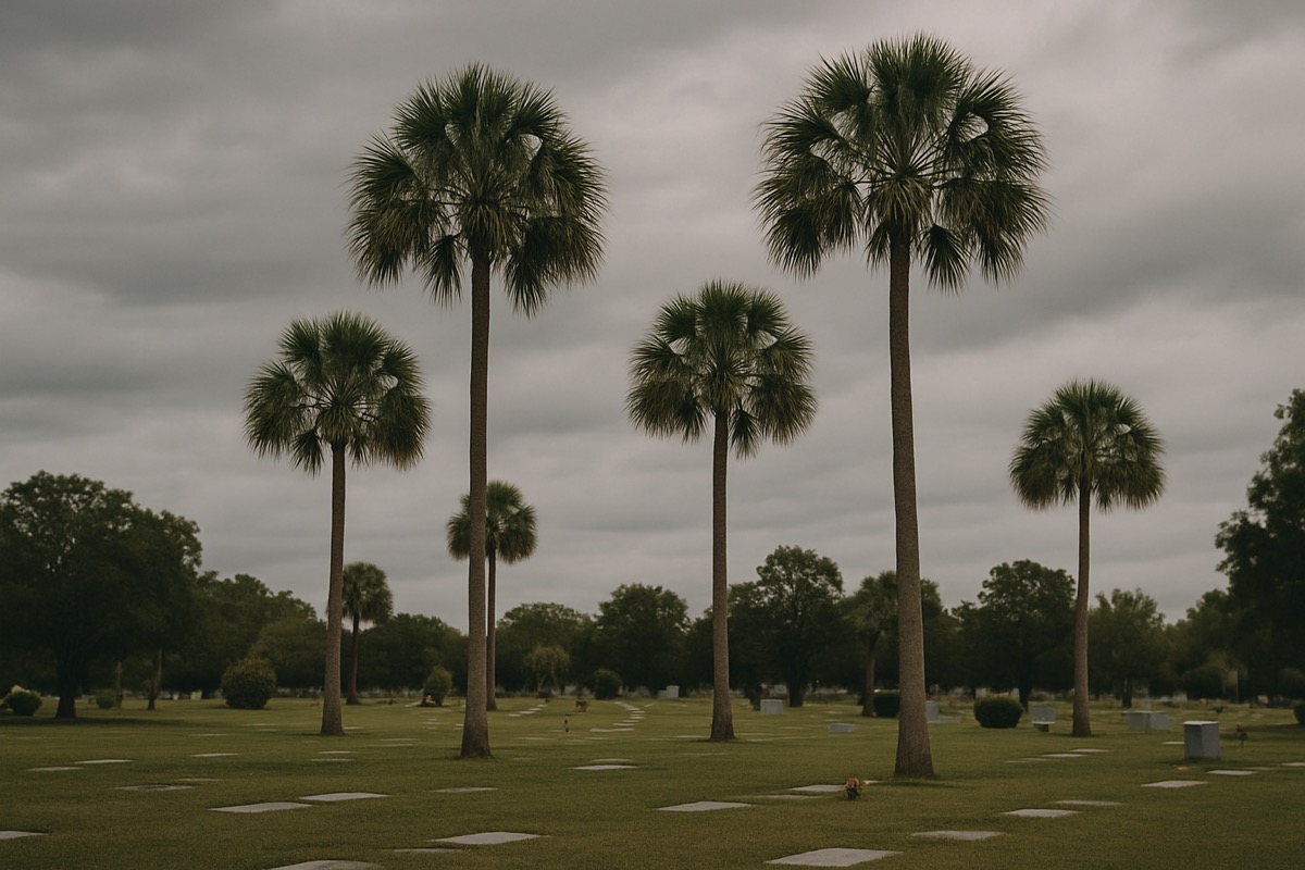 Palm trees beneath a heavy overcast sky along the Southwest Florida coast