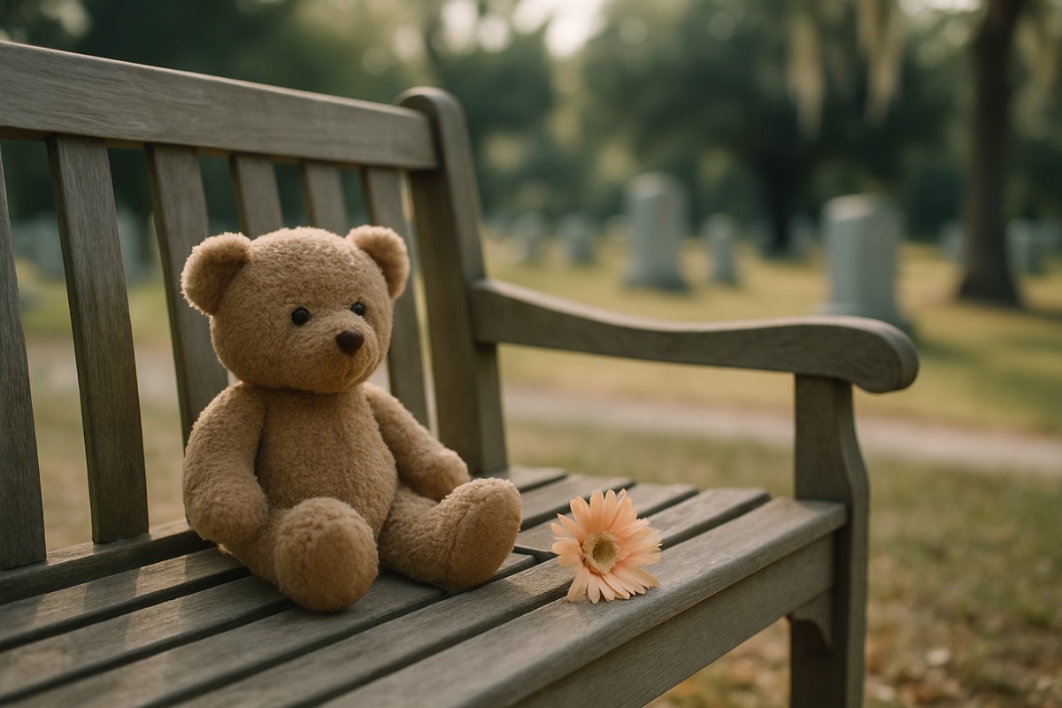 A quiet wooden bench with a small teddy bear and a white flower resting on it, gentle natural daylight