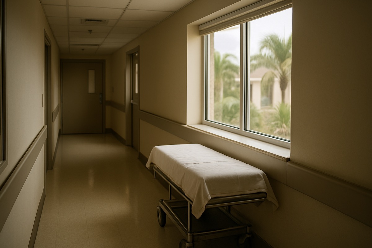 A quiet hospital corridor window filled with soft morning light, empty and calm