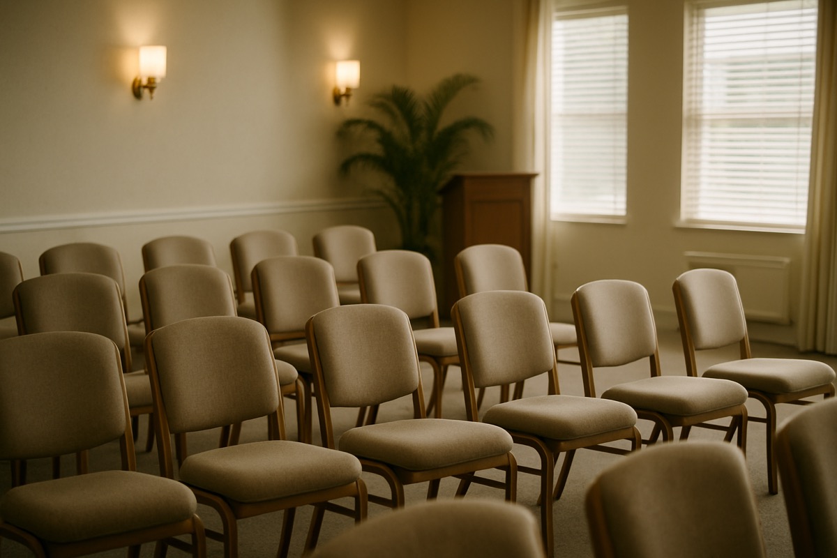 Rows of empty chairs in a quiet memorial room, soft daylight coming through the windows