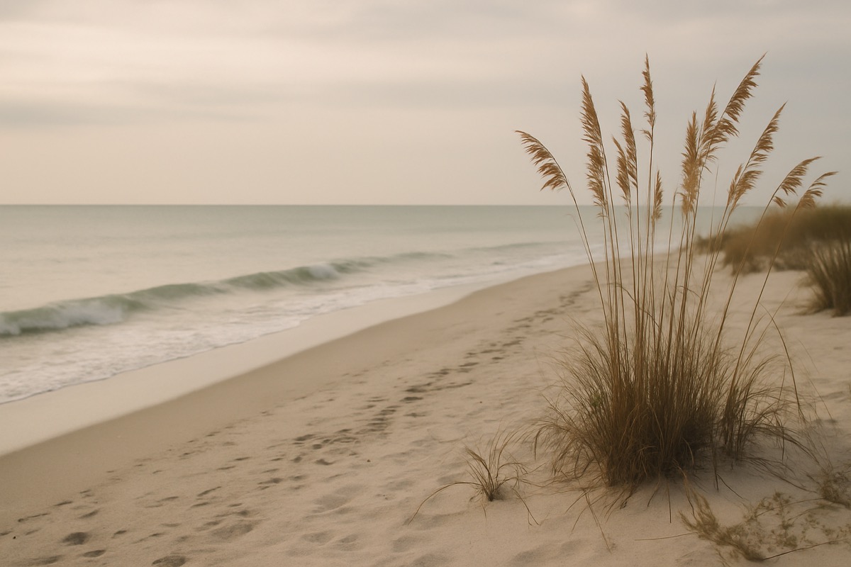 A quiet sandy beach with sea oats and gentle Gulf waves in soft morning light
