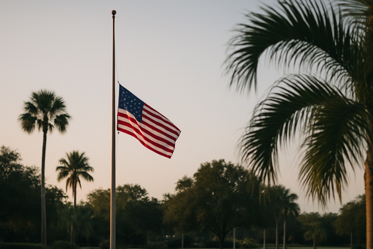 An American flag at half-staff against a clear blue sky in soft natural light
