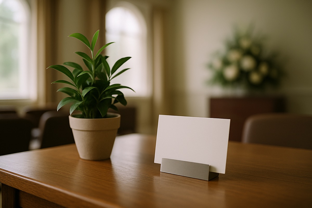 A small potted plant and a card holder on a neutral-toned table, gently lit