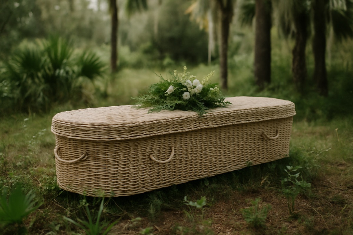 A woven biodegradable casket resting among green foliage in soft natural light
