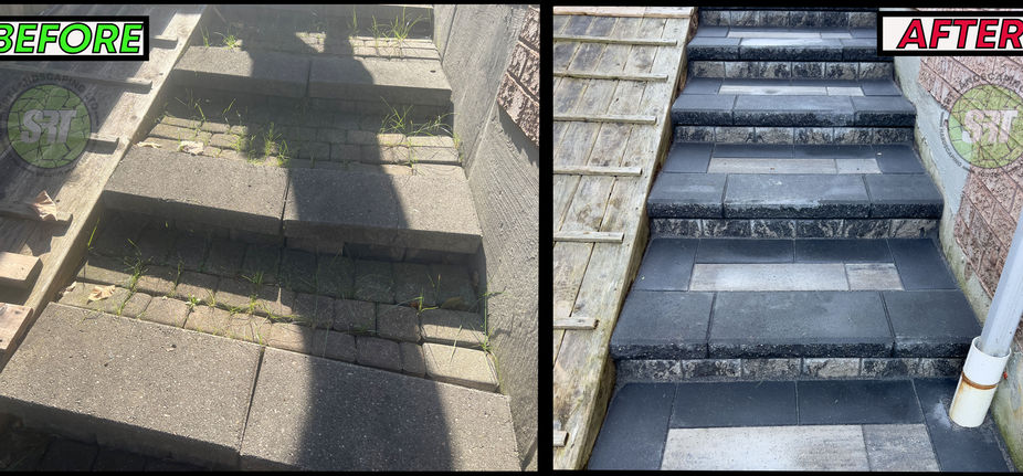 Before and After difference. Walkout Basement Steps Custom interlock stone. Quality work in Mississauga.