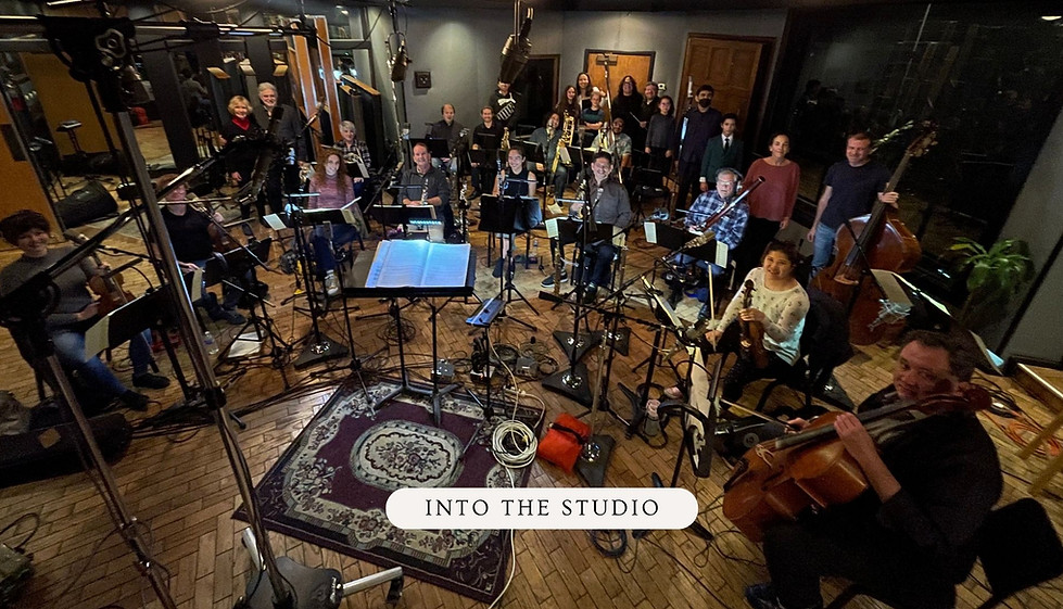 21 musicians with their instruments, the young composers and mentors in the Village Studio D.