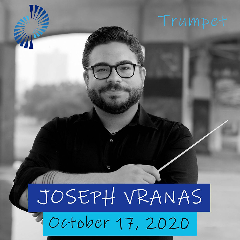 Black and White square headshot of Joseph Vranas holding a baton. Logo in the upper left. his name over dark blue bar, October 17, 2020 over light blue bar at the bottom.