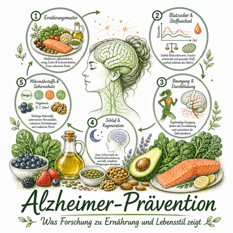Mensch mit Faktoren zur Alzheimerprävention, Ernährungsmuster, Bewegung & Durchblutung, Schlaf & Regeneration, Mikronährstoffe & Gehirnschutz, Unterstützten Nervenzellen, reduzierten Entzündungen