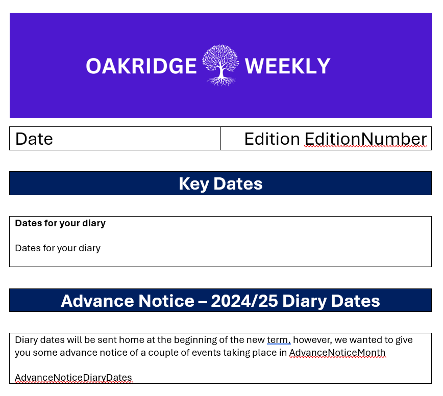 Oakridge weekly newsletter template