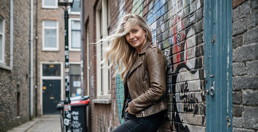 “Lycette Wilson of Coolest Xpat Vibes (CXV Studio), a South African Gen-X content and UGC creator based in the Netherlands, leaning against a graffiti wall.”