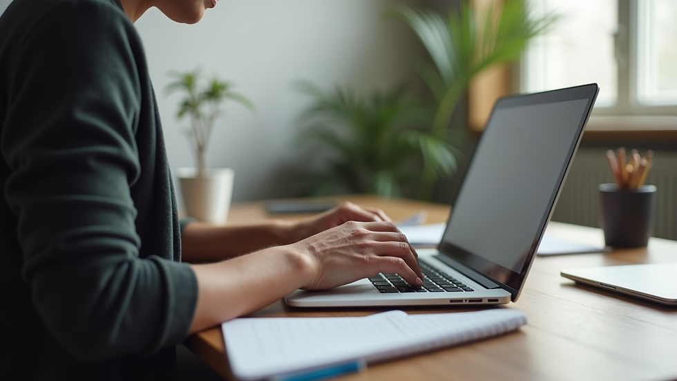 Close-up view of a person sitting at a desk with a laptop, preparing for an online therapy session