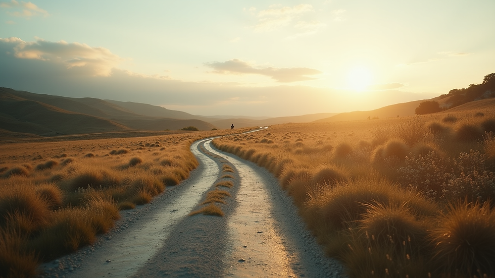 Eye-level view of a serene landscape with a winding path