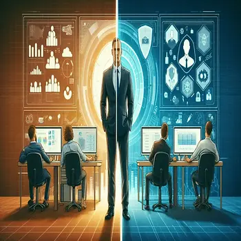 split image showing on one side a small office setting with employees working, and on the other side a professional in a suit (representing a CISO) overseeing digital security measures on multiple screens. The image should convey the balance between the needs of small businesses and the importance of cybersecurity.