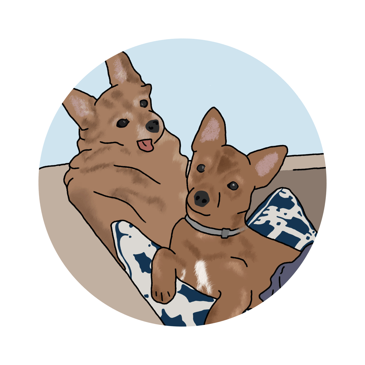 A circular gif of a digital image of 2 small dogs sitting on a couch looking at the viewer. The motion of the GIF tilts the circle from left to right.