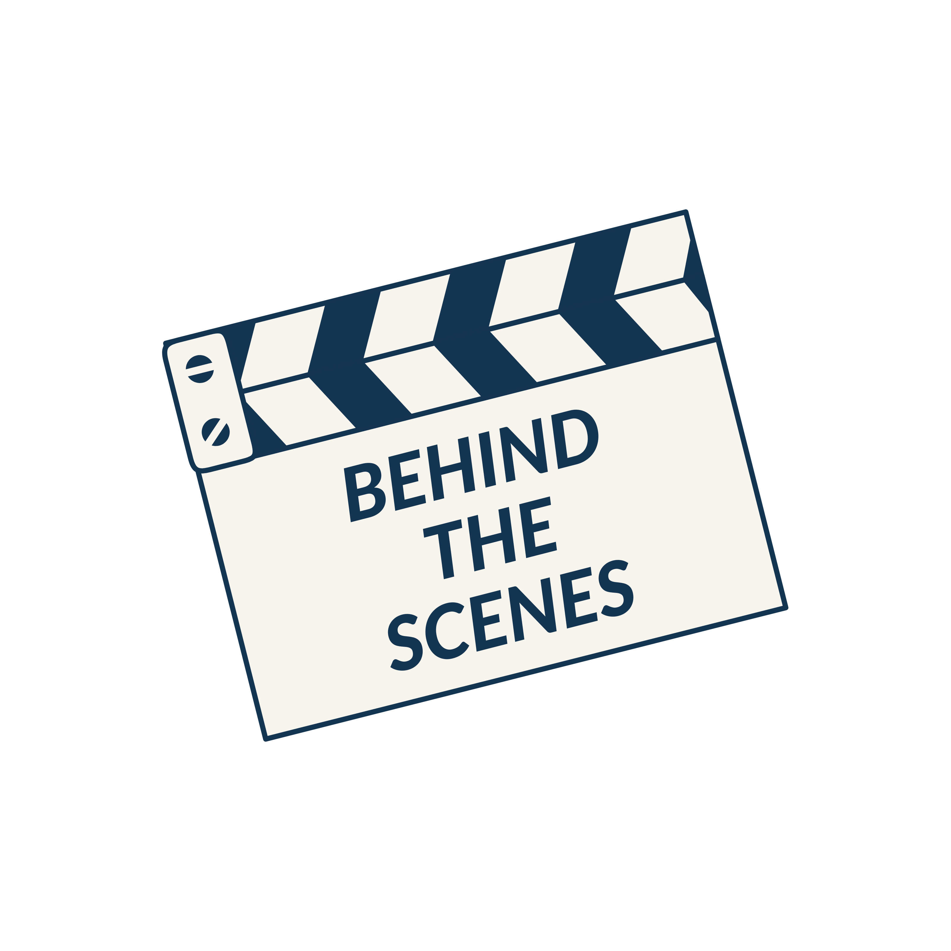 A GIF of a movie slate opening and closing, that reads "behind the scenes."