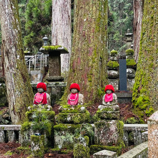 Drei Jizo-Statuen in japanischem Wald