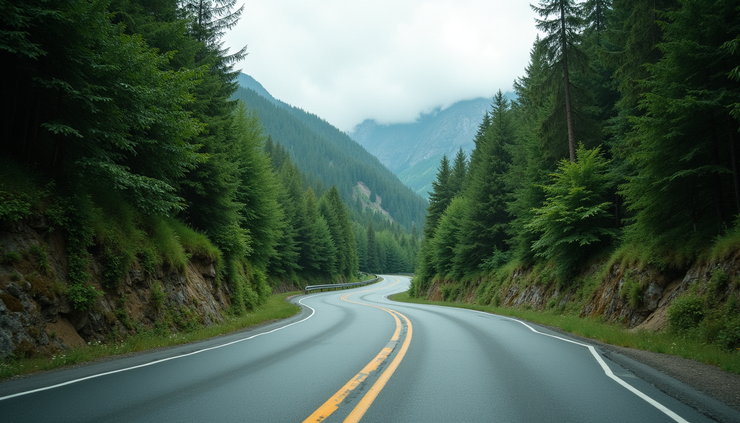 Eye-level view of a winding mountain road surrounded by lush green trees near Purlear NC