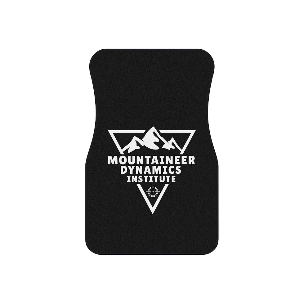 Black car floor mat with Mountaineer Dynamics Institute white logo.