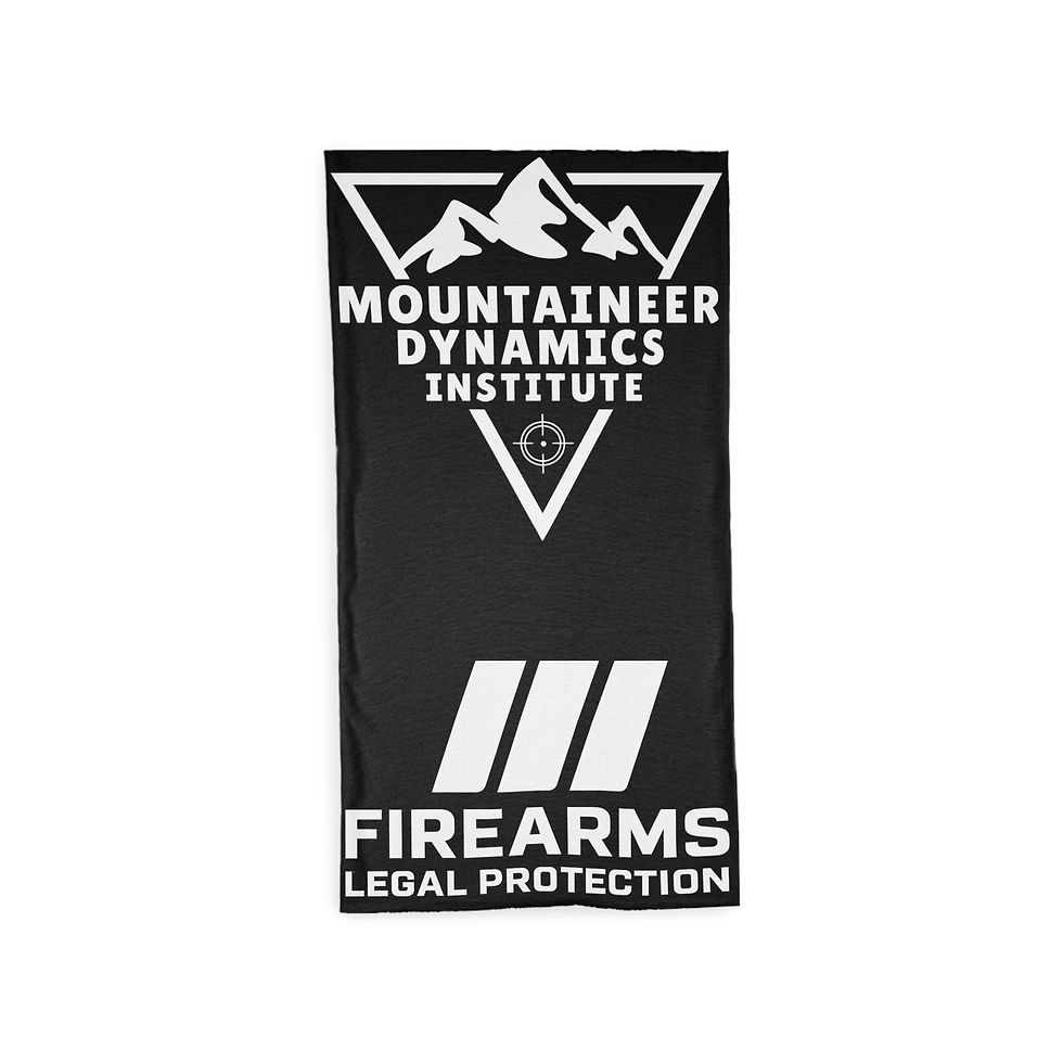 Mountaineer Dynamics Institute Firearms Legal Protection logo on black background.