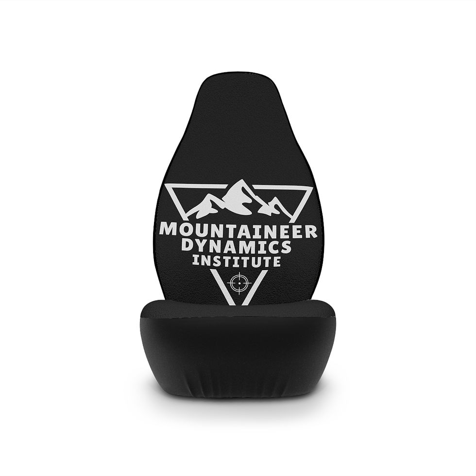 Black car seat cover, Mountaineer Dynamics Institute logo, MDI Durable Car Seat Cover.