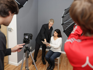 Actor rehearses a scene on camera during professional acting training session