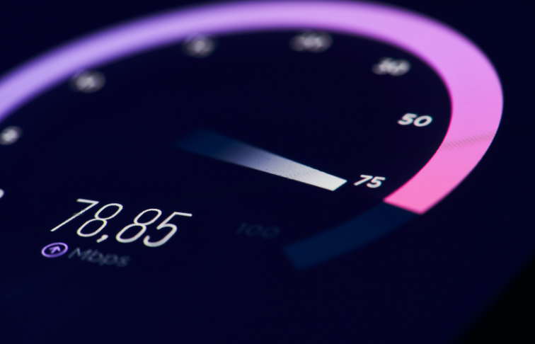 Speed test gauge displaying internet download speed on a digital screen