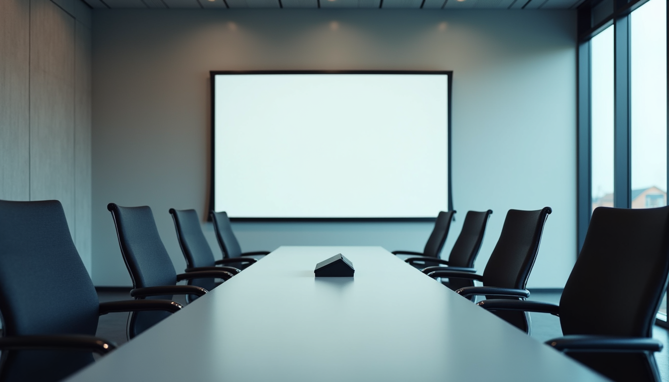 Eye-level view of a modern conference room with a presentation screen