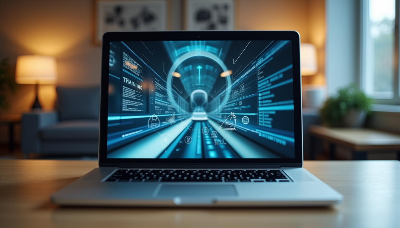 Eye-level view of a laptop displaying an interactive virtual training module