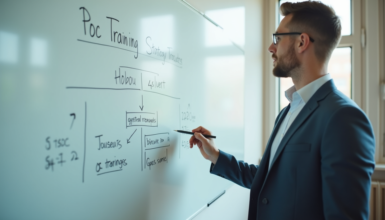 Close-up view of a consultant presenting a training strategy on a whiteboard
