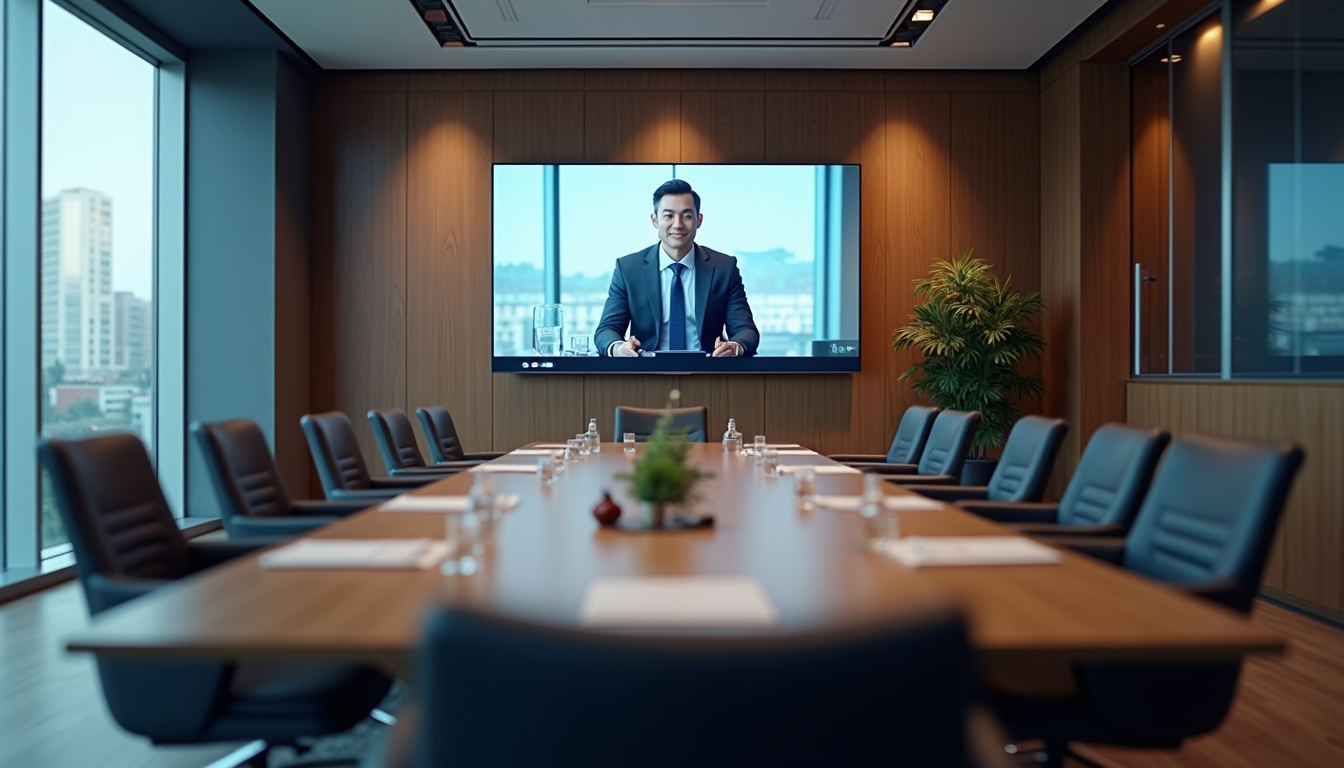 High angle view of a conference room with a large screen showing a virtual training session