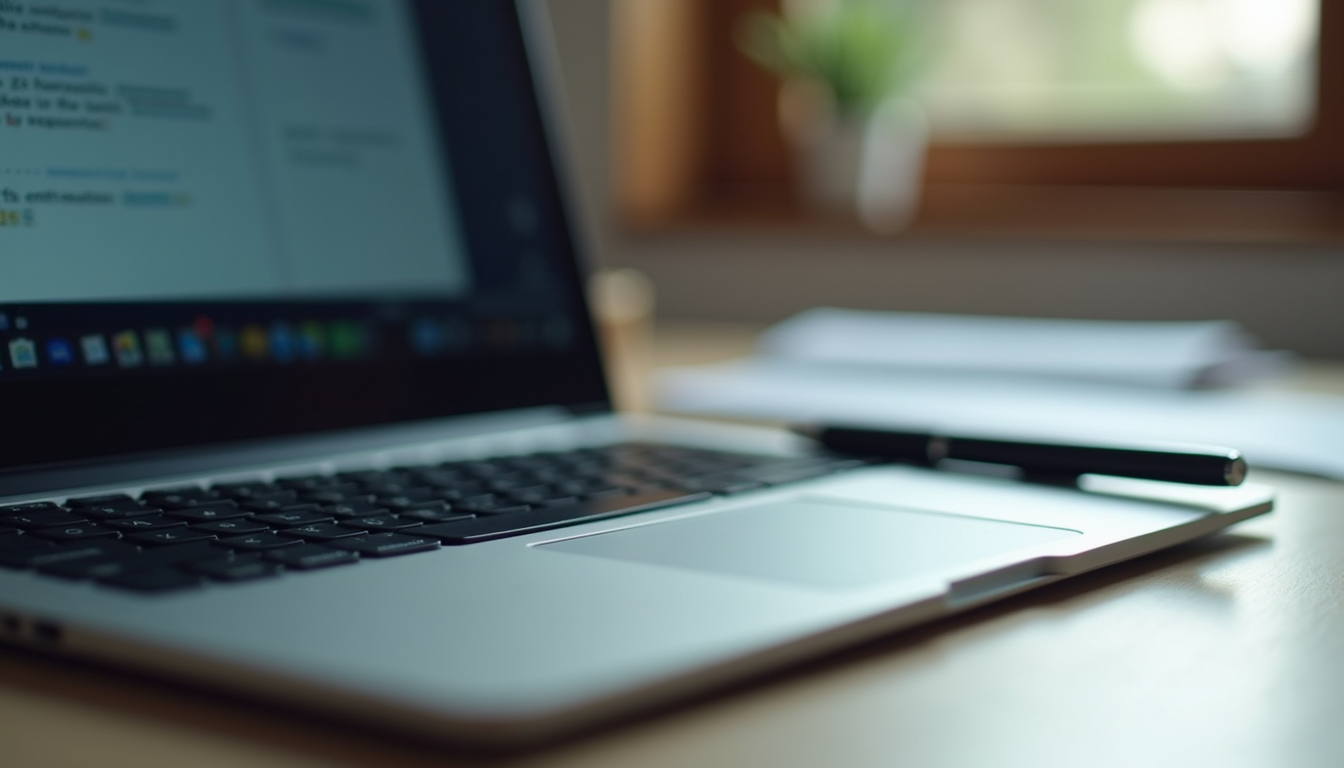 Close-up view of a laptop keyboard and a digital pen on a desk, representing remote instructional design work