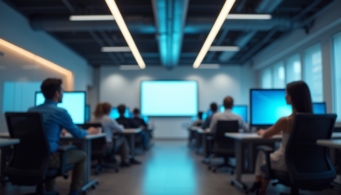 Eye-level view of a modern office training room with digital screens
