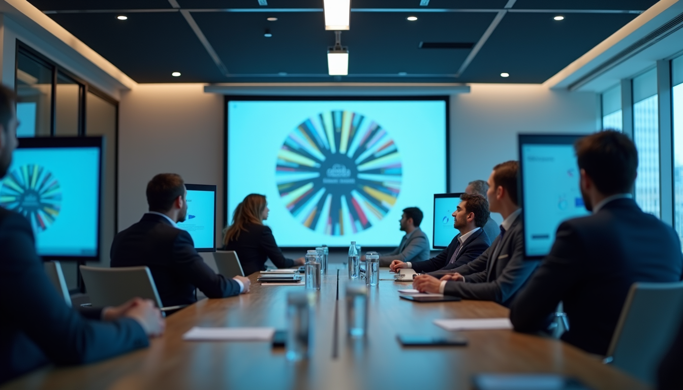 Eye-level view of a modern corporate training room with digital screens