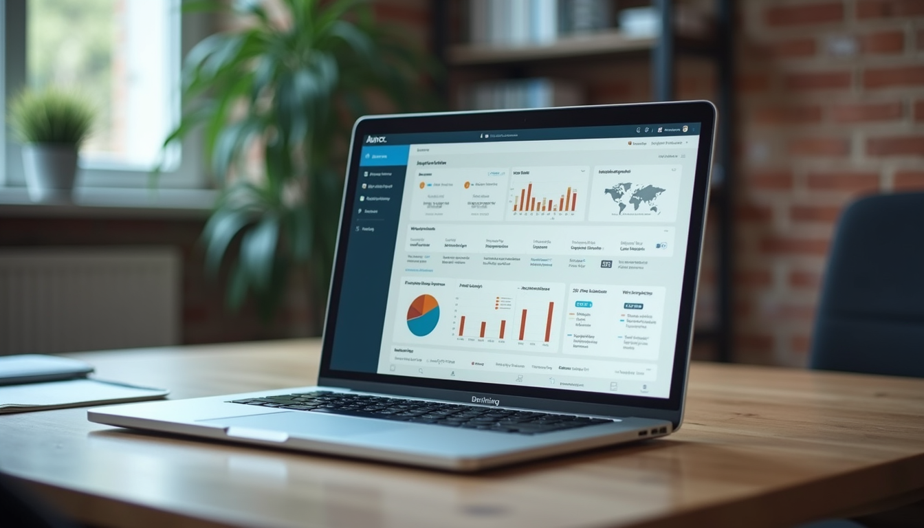 High angle view of a laptop displaying a corporate training dashboard