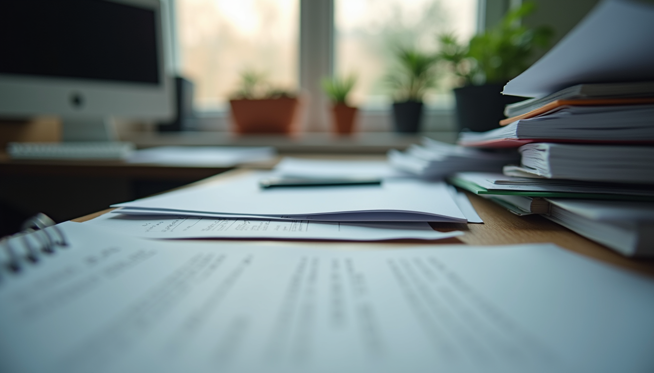Eye-level view of a cluttered desk with scattered training materials