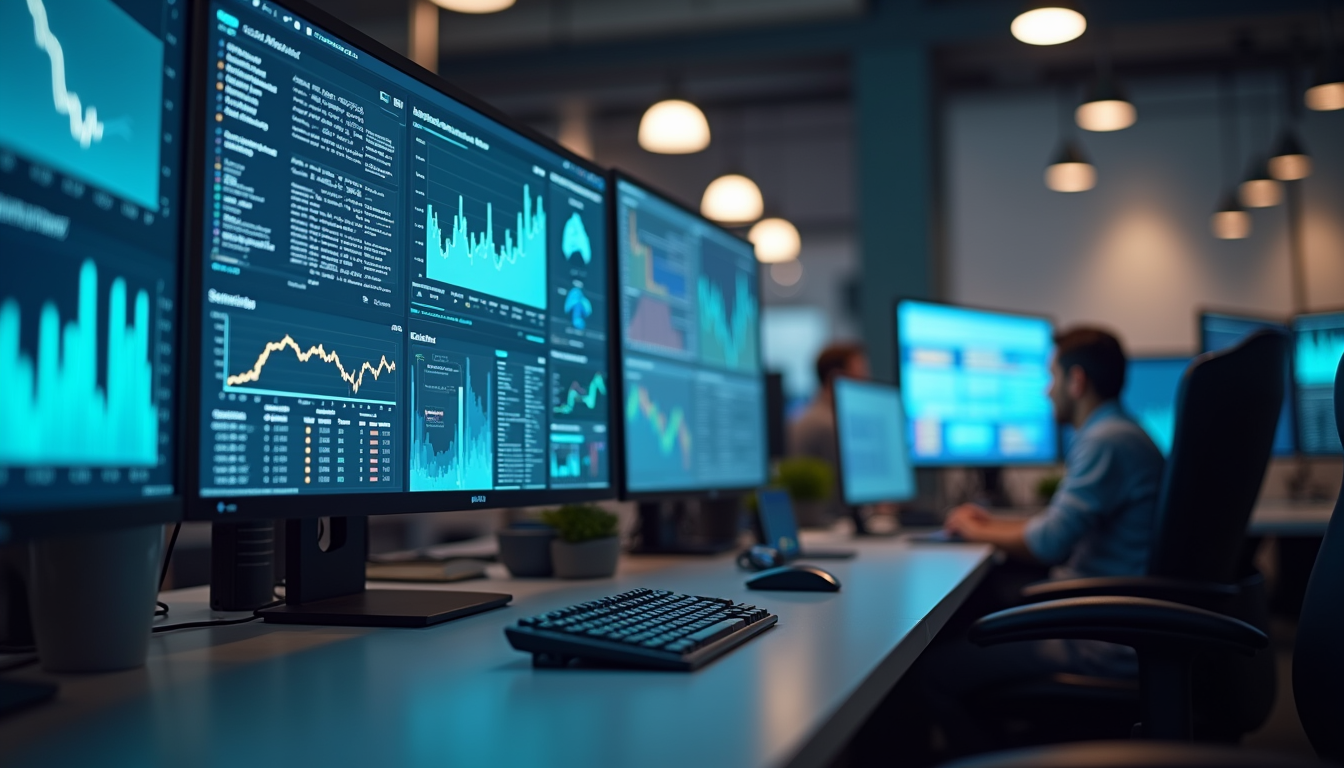 Eye-level view of a modern office workspace with multiple screens showing data dashboards