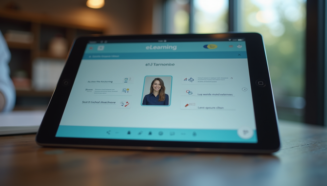 Close-up view of a digital tablet showing an interactive eLearning module