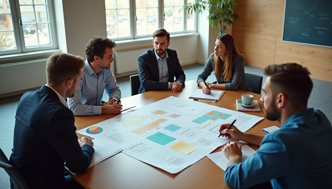 High angle view of a conference room with a team collaborating on a learning strategy map