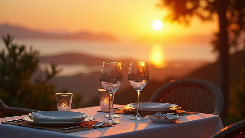 Close-up view of a private dining table set for two with a sunset backdrop