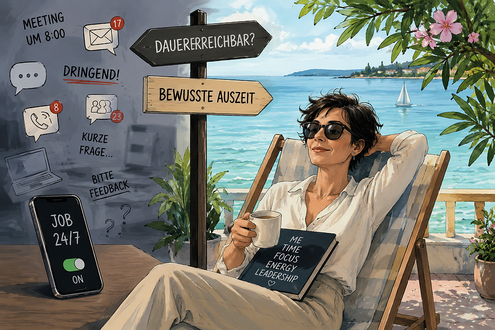 Frau im Liegestuhl in den Ferien mit der Frage Dauererreichbar oder me time?
