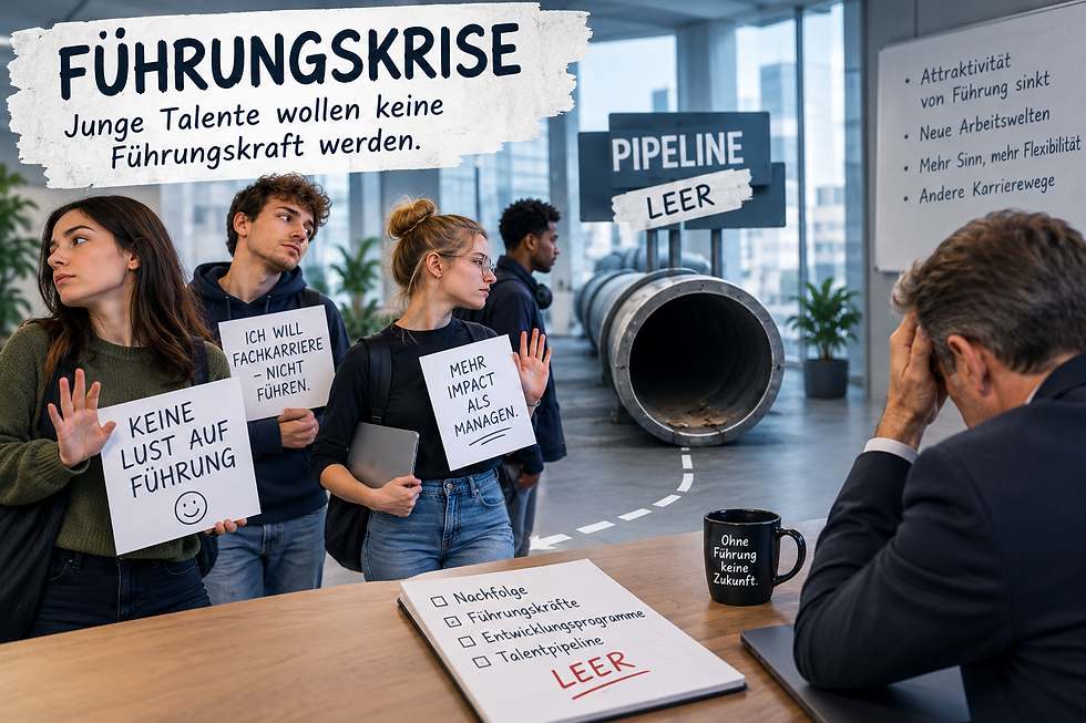 Junge Mitarbeitende mit Schildern, auf denen steht keine Lust auf Führung